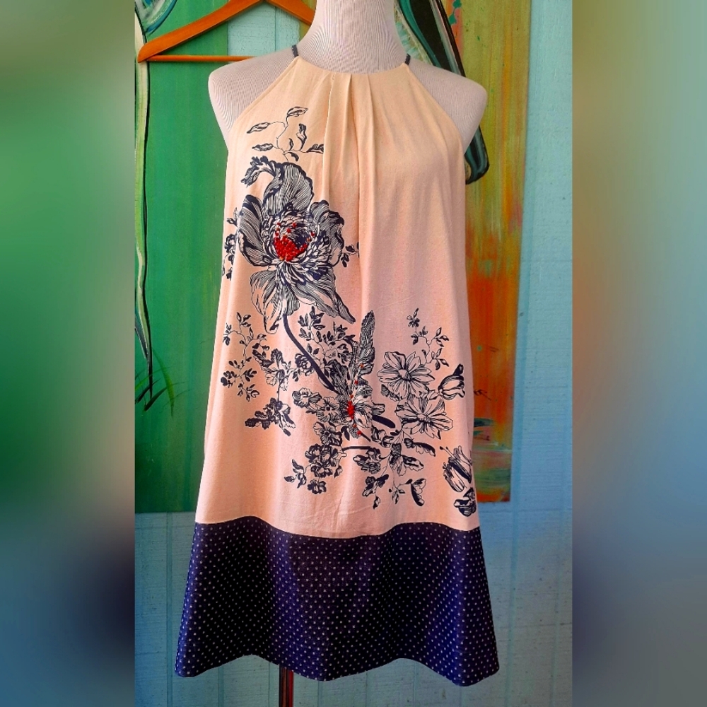 Anthropologie Floreat sava silk cotton dress beaded floral beige size small 2